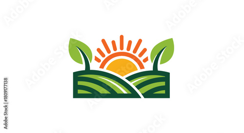 A vibrant agricultural logo featuring a rising sun over green rolling fields and flanked by two leaves.
