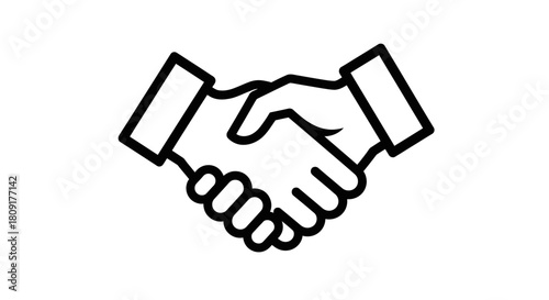 A simple black and white line art icon depicting two hands shaking in agreement or partnership.