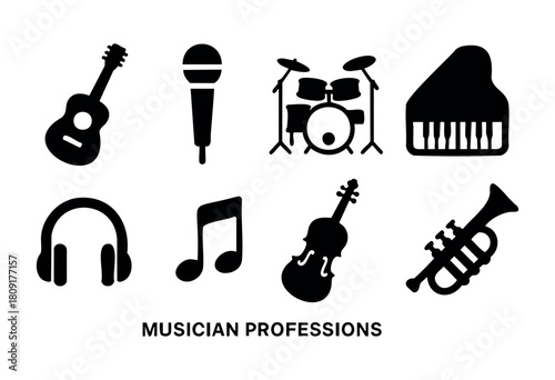 Different musical instruments are displayed, showcasing various musician professions such as guitar, drums, and piano. This creative design highlights the diversity in music.