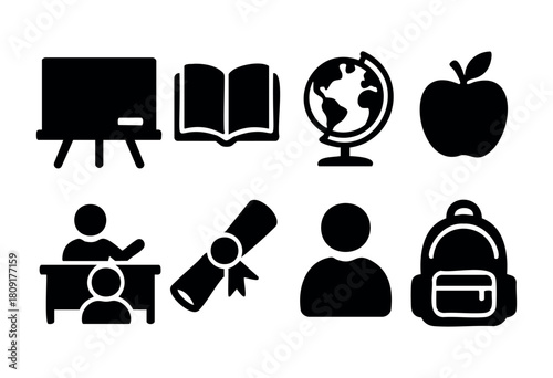 Various icons highlight aspects of education, showing a classroom setting with tools like a globe, books, and symbols of student achievement and resources.