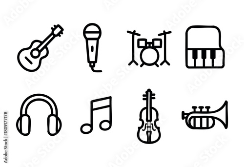 Different musical symbols are displayed, including a guitar, microphone, drums, piano, headphones, notes, violin, and trumpet. This collection captures the essence of music.