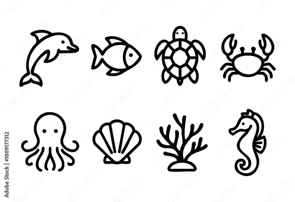 Obraz premium This collection showcases fun and stylized line drawings of various sea creatures, including dolphins, turtles, crabs, and octopuses, perfect for marine life enthusiasts and designers.