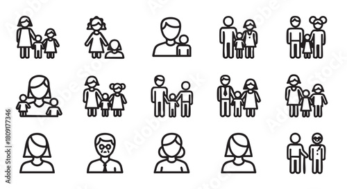 Family and individual icons line art illustration on white background
