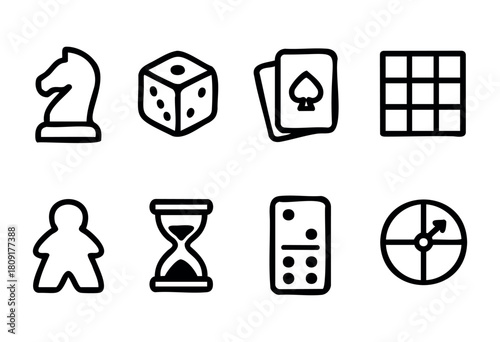 A collection of game elements features a knight chess piece, dice, playing cards, a game board, an hourglass, a domino, and a spinner, all drawn in a minimalist style.