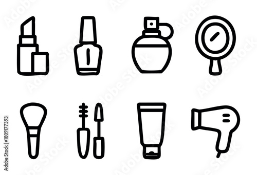 Cosmetics and tools arranged neatly including lipstick, nail polish, perfume, mirror, makeup brush, mascara, lotion, and hairdryer, showcasing vital items for personal care.