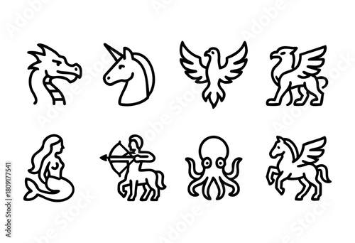 This artwork features a captivating collection of mythical creatures like a dragon, unicorn, and mermaid presented in a clear and simple line art design.