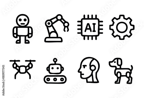 Various simple icons depict an array of technology including robots, drones, and AI elements, showcasing the blend of machines and intelligence in a creative way.