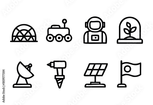 Various designs showcase themes of innovation and exploration, including a space rover, an astronaut, solar panels, and a plant inside a dome. Each element portrays future possibilities.