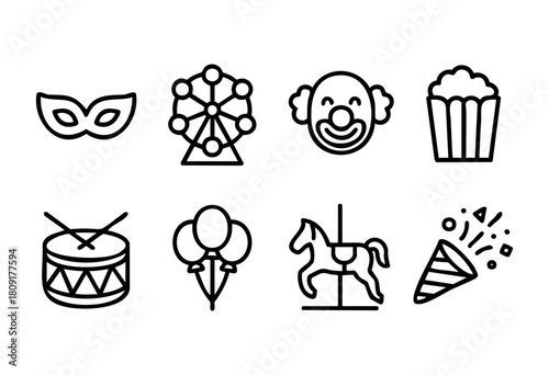This scene showcases various carnival symbols including a clown, ferris wheel, popcorn, balloons, and a carousel, perfect for a lively celebration or event.