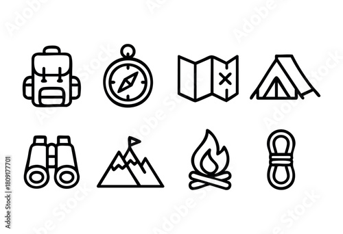Items for outdoor exploration are displayed, featuring a backpack, compass, map, tent, binoculars, mountains, campfire, and rope, emphasizing preparation for adventure in the wild.
