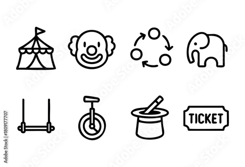A colorful display of circus elements featuring a striped tent, a clown, an elephant, juggling icons, a unicycle, and a magic hat with a ticket. Perfect for circus themes.