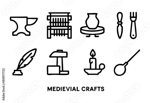Various symbols of medieval crafts are displayed, featuring an anvil, weaving loom, pottery wheel, and candle holder to represent traditional artisans and their tools.