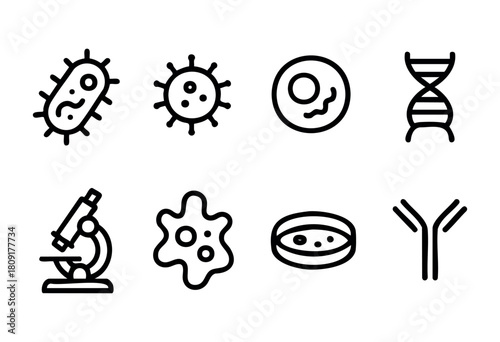 Simple black line icons represent various microorganisms, cells, and laboratory tools. The design emphasizes themes of biology, science, and research in a minimalist style.