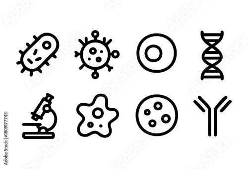 Several vector icons depict essential elements of microbiology, featuring bacteria, viruses, cells, DNA, a microscope, and antibodies on a simple background.