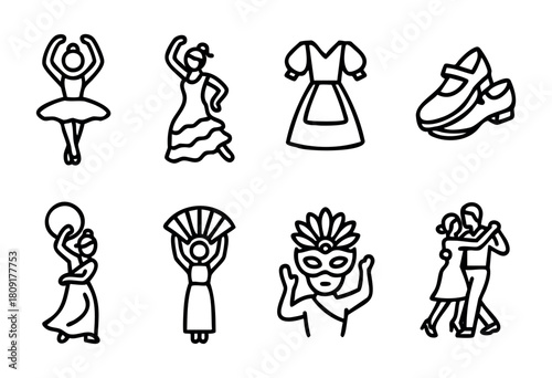Stylized drawings depict various dance forms and costumes showcasing ballet, flamenco, and folk styles with dancers performing and holding props like fans and masks.