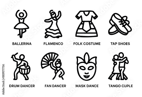 Stylized drawings depict various dance forms and costumes showcasing ballet, flamenco, and folk styles with dancers performing and holding props like fans and masks.