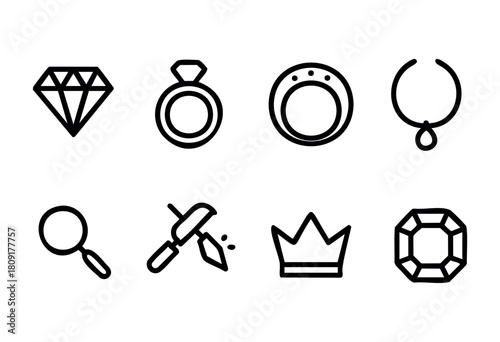 Simple line drawings of various jewelry items including rings, diamonds, and a crown, along with tools for crafting and examining gems, create a minimalistic aesthetic.