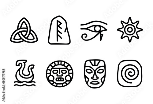 A collection of eight distinct symbols showcases the artistry of various ancient cultures. The artwork includes motifs inspired by Nordic and Mesoamerican traditions featuring spiritual themes.