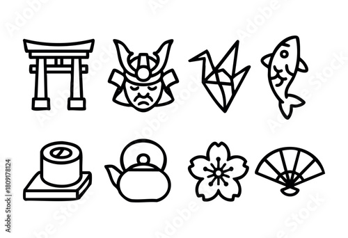 This illustration showcases various symbols of Japanese culture, including a torii gate, samurai helmet, origami crane, koi fish, sushi, teapot, cherry blossom, and folding fan.