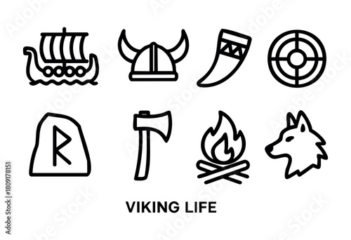 Various symbols represent elements of Viking life, including a ship, horns, a battle axe, and a campfire, showcasing their culture and history vividly.