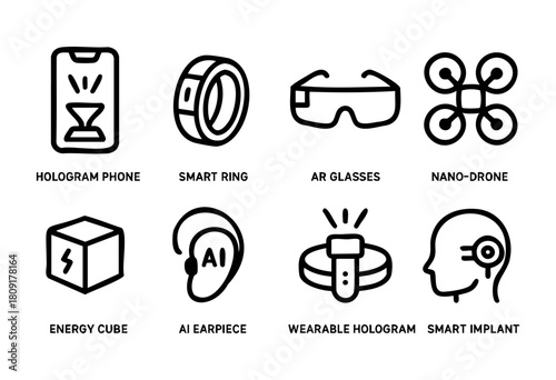 Futuristic icons represent various advanced gadgets like a hologram phone, smart ring, AR glasses, and nano-drone, depicting an innovative digital world.