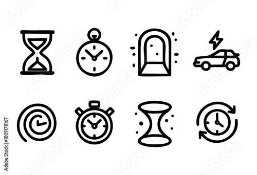 Different symbols related to time are shown in a simple design. These include hourglasses, clocks, and a doorway, all conveying urgency and the passage of time.