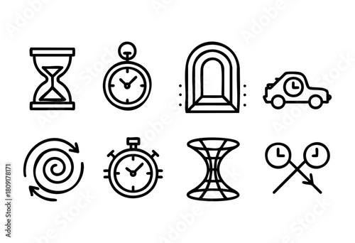 A collection of eight simple black line icons symbolizes time, movement, and transitions. The designs include hourglasses, stopwatches, doors, and cars, showcasing different concepts.