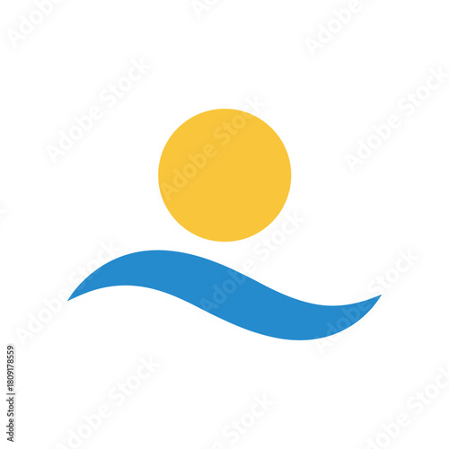 Stylized sun above a blue wave symbolizing warmth and water.