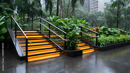 Modern outdoor stair railing with recessed LED strip lighting. Yellow light illuminates glass panels. Transparent rain-wet glass panels make up stair railing. Steel railing bars part of modern