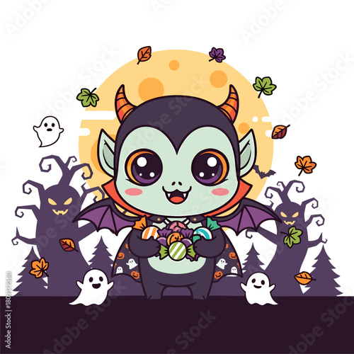 Adorable Halloween Vampire holding candy, surrounded by ghosts and spooky trees under a full moon, cute cartoon illustration