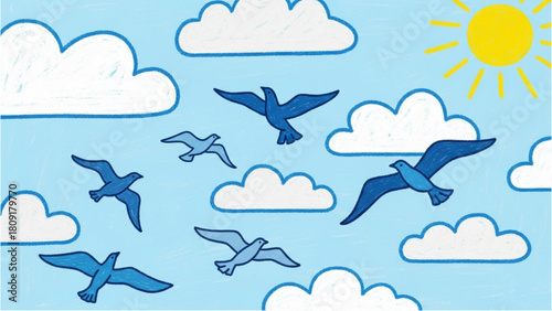 Birds Soaring Through a Bright Sky, Surrounded by Fluffy Clouds and Sunshine