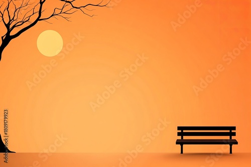 Minimalist scene shows a stark tree silhouette with bare branches and a solitary bench against a soft orange backdrop, illuminated by a sun.