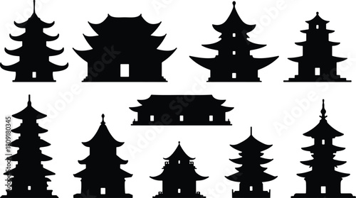 Vector collection of Asian pagoda temple silhouettes, traditional oriental architecture, black Japanese Chinese building, cultural landmark graphic design set
