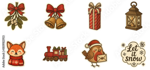 Cute 2026 Christmas sticker pack — mistletoe, jingle bells, gift box, lantern, fox in sweater, toy train, robin with letter, “let it snow” text (PNG transparent)
