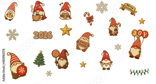 Christmas gnome sticker pack — cute gnomes, snowflakes, stars, candy cane, tree, gingerbread “2026”, lights and ornaments — PNG transparent