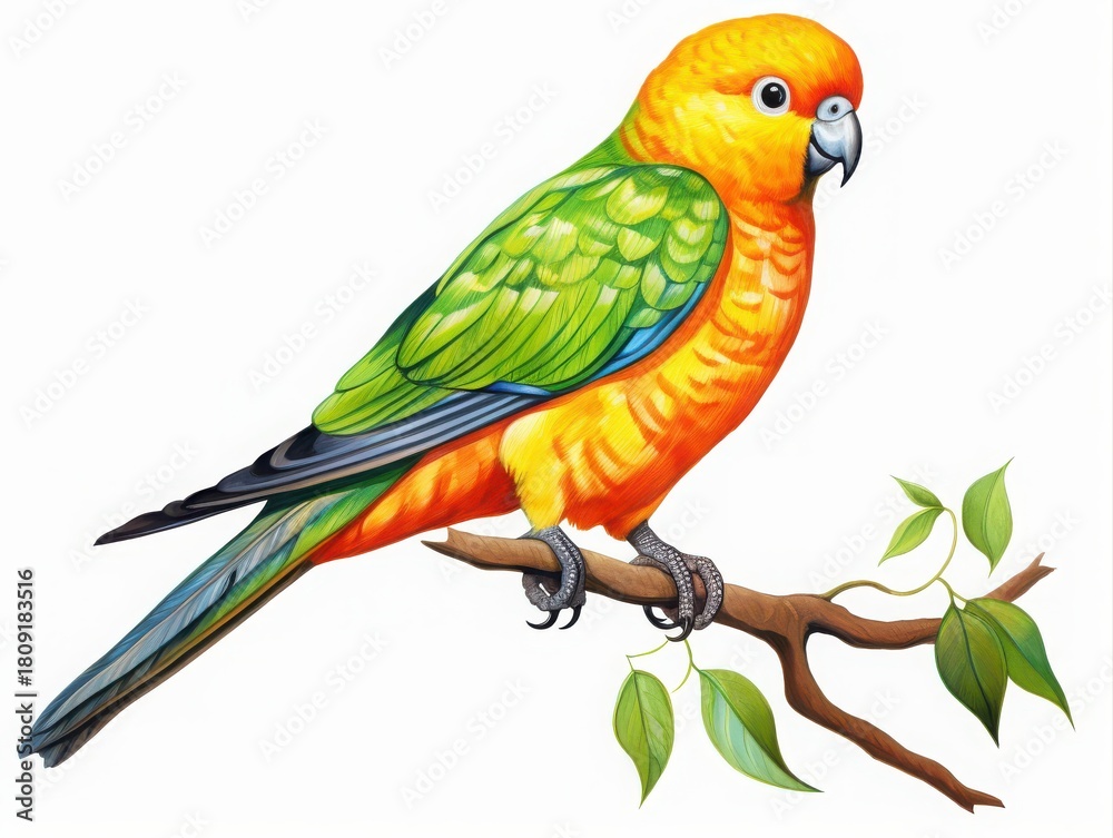 Fototapeta premium Vivid illustration of a colorful tropical parrot resting on a leafy branch, perfect for wildlife, nature, and exotic bird related searches.