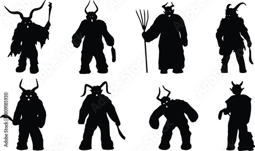 Vector collection of Krampus demon monster silhouettes, black devil folklore figure, Christmas evil creature, scary horned beast, horror holiday graphic design set