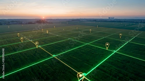 Aerial view of smart agricultural farmland with glowing grid pathways and digital location markers across wide green fields at sunrise