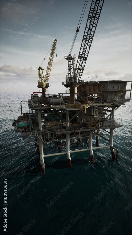 Fototapeta premium An old oil platform stands amidst the vast ocean, extracting resources to meet energy demands.