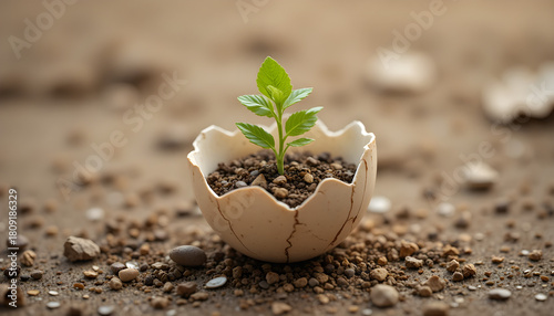 Small plant growing inside a cracked eggshell with dirt and rocks on a blurred brown background