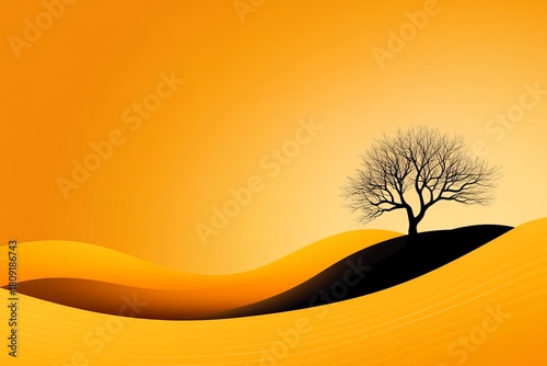 Silhouette of a bare tree sits atop a dark hill in a surreal orange and yellow landscape.