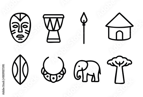 Various African cultural symbols are displayed in a minimalist line art style. The elements include a mask, drum, spear, hut, shield, necklace, elephant, and baobab tree, showcasing diverse heritage.