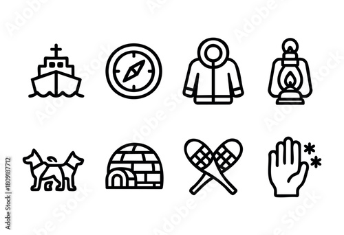 Icons depict key aspects of Arctic exploration, featuring a ship, compass, parkas, lantern, dogs, igloo, and traditional instruments. These symbols capture the essence of the region's adventure.