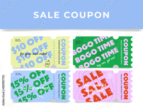A set of sale coupon templates with discounts and promotional offers for customers looking to save money