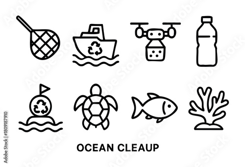 Various simple icons represent key elements of ocean cleanup, including tools, boats, animals, and the importance of preserving marine life for a healthier ecosystem.