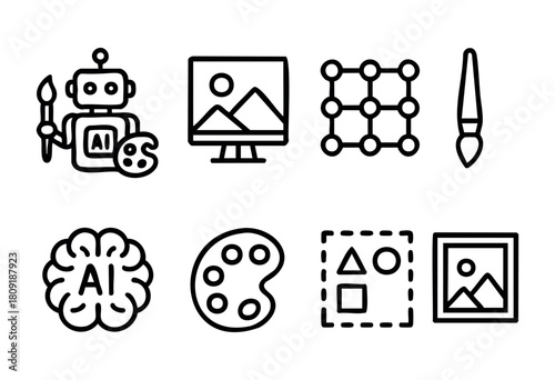 Different icons represent creative aspects of digital art creation using AI technology. Elements include a robot, paint palette, grid, and more, showcasing innovation and creativity.