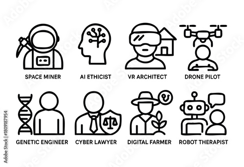 Different icons represent emerging jobs in the future, featuring roles like space miner, AI ethicist, and drone pilot, highlighting advancements in technology and sustainability.