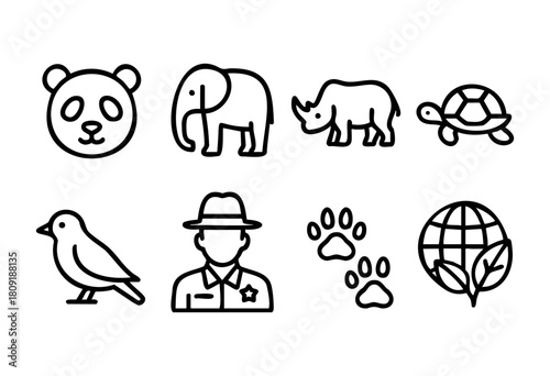 Various simple line icons featuring a panda, elephant, rhinoceros, turtle, bird, park ranger, animal tracks, and the Earth, highlighting wildlife and environmental themes.