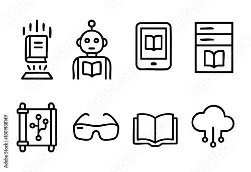 A collection of simple line icons shows different aspects of technology applied to reading. The icons include a robot, e-reader, circuit, smart glasses, and cloud symbols, representing innovation.