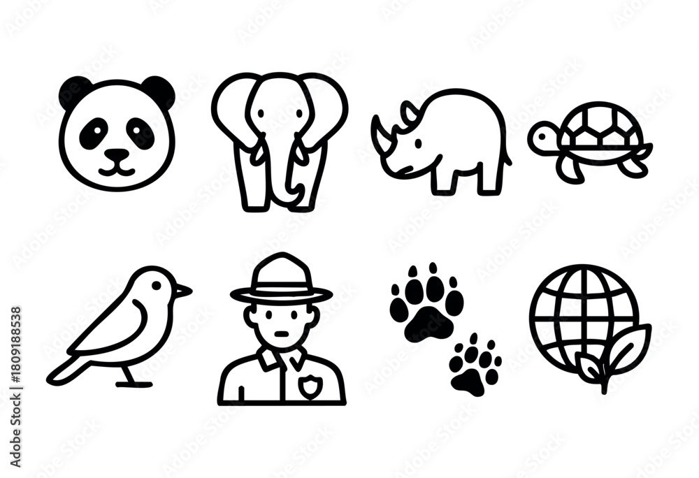 Obraz premium Icons representing various wild animals like a panda and elephant, alongside a park ranger and symbols for earth and conservation, highlight the importance of protecting nature.